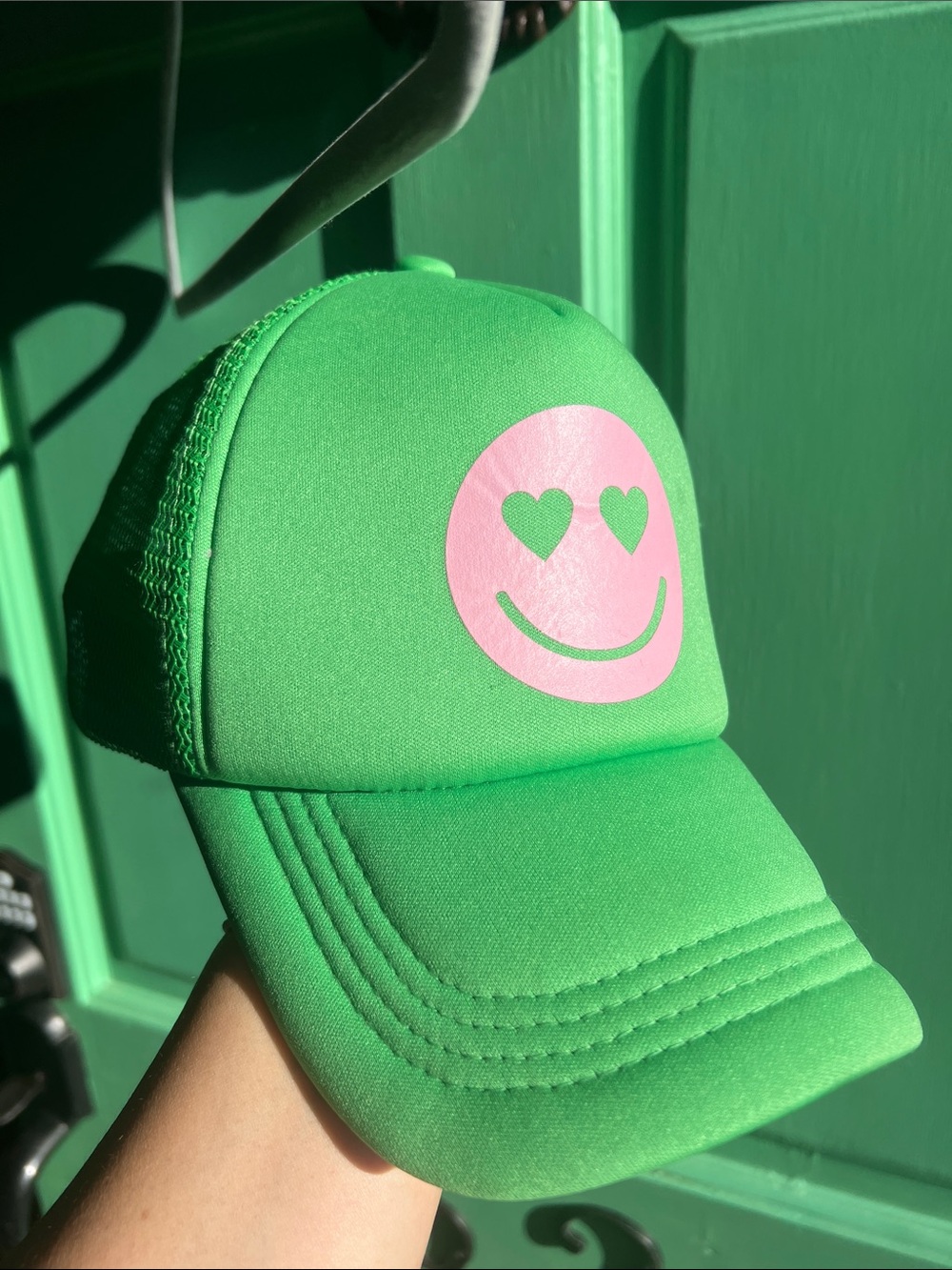 Green Trucker Hat with Pink Heart-Eyes Smile Graphic